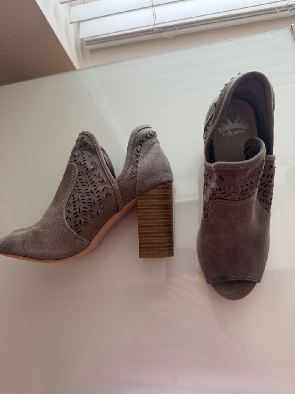 Fergalicious Gray Suede Peep-Toe Cutout Block Heel Booties